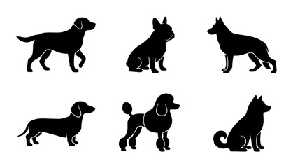 Diverse Dog Breed Silhouettes Vector Collection, Six Black Canine Icons for Pet Lovers, Animal Graphics © Abul