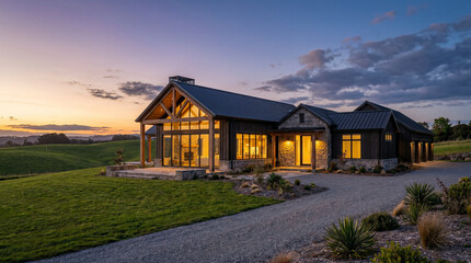 Fototapeta premium Rustic modern cabin with dark wood siding and stone walls features massive glass windows on rolling green hills.