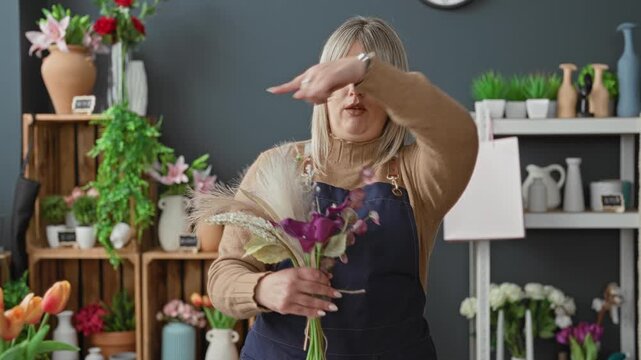 Woman florist arranging bouquet with hands and tying twine while wearing apron in studio with vases shelves crates and tulips; serenity craft.