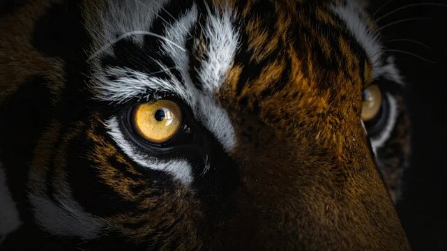 A close-up showcases a tiger's eye, capturing detail in fur & a reflective, golden iris