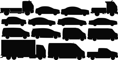 Transport vehicle silhouettes, delivery trucks, cargo vans, sedan cars, pickup trucks, logistics shipping collection, commercial automobile icons © MstTanzina