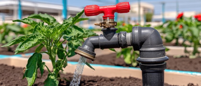 Drip irrigation system waters plants with red emitter in a garden under bright sunlight