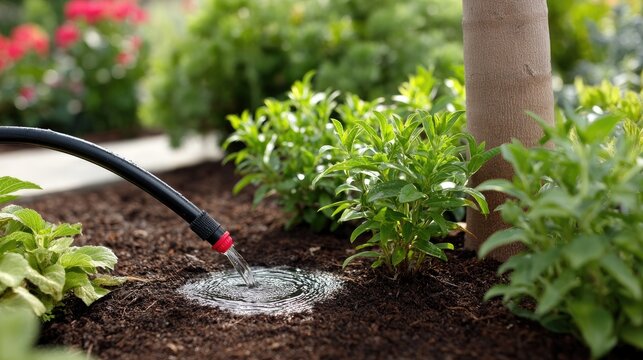 Drip irrigation setup in garden with water releasing from emitter onto soil near young tree under sunlight
