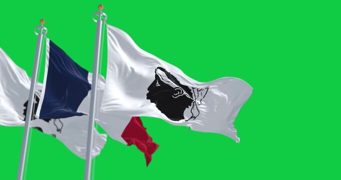 Flags of Corsica waving in the wind isolated on green background