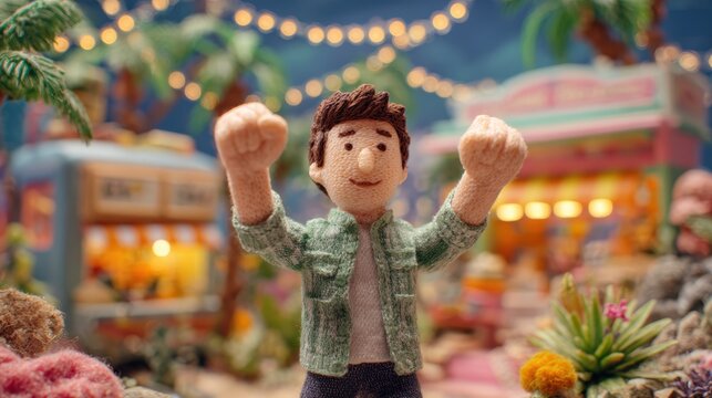 White male stop motion animator celebrating with clenched fists against colorful miniature set