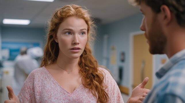 Woman in sterile exam room gesturing firmly at dismissive male doctor mid-sentence, body language assertive, fluorescent overhead light harsh, medical gaslighting tension palpable, perfect for
