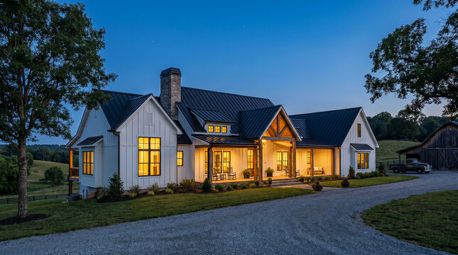 Modern farmhouse architectural design featuring white board and batten siding with dark metal roof at sunset twilight hour.