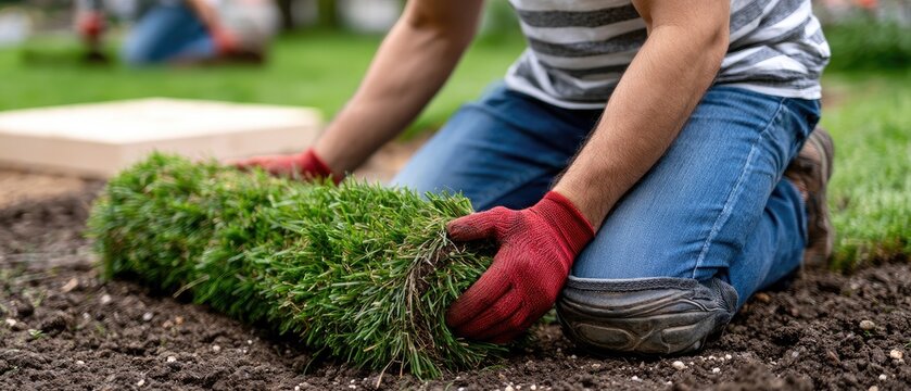 Person unrolls green sod onto dark dirt while another worker kneels on grass in background, showing yard work in a residential area during daylight