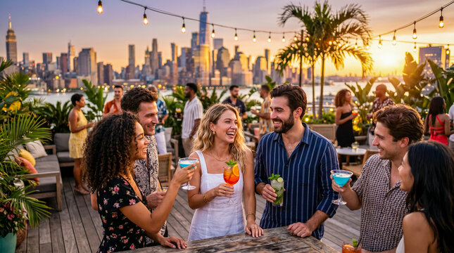 Grupo de amigos disfrutando una fiesta de verano en una azotea de lujo al atardecer con ambiente tropical y estilo premium.