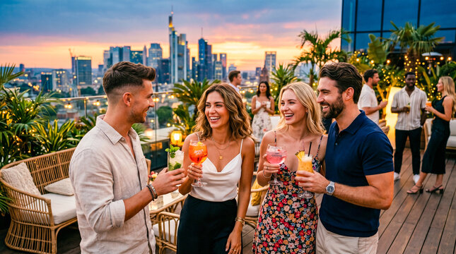 Grupo de amigos disfrutando una fiesta de verano en una azotea de lujo al atardecer con ambiente tropical y estilo premium.