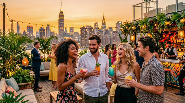 Grupo de amigos disfrutando una fiesta de verano en una azotea de lujo al atardecer con ambiente tropical y estilo premium.