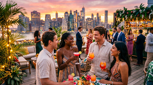 Grupo de amigos disfrutando una fiesta de verano en una azotea de lujo al atardecer con ambiente tropical y estilo premium.