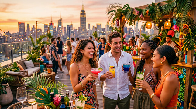 Grupo de amigos disfrutando una fiesta de verano en una azotea de lujo al atardecer con ambiente tropical y estilo premium.