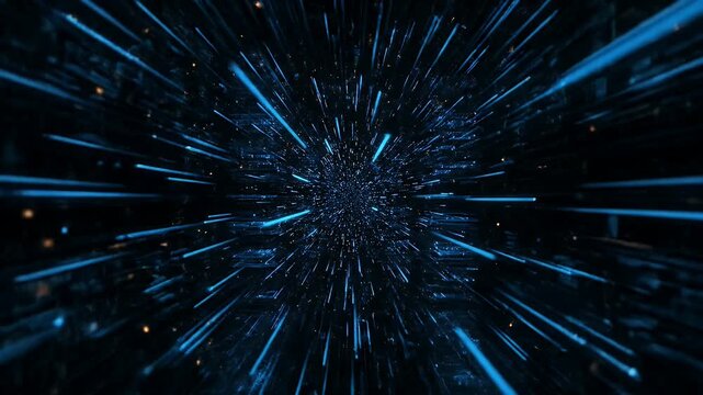 Blue light streaks zooming through a futuristic data tunnel in a dark digital space.