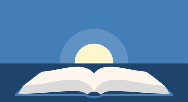 Open Book with Sunrise Over Horizon, Knowledge, Education, and New Beginnings Concept