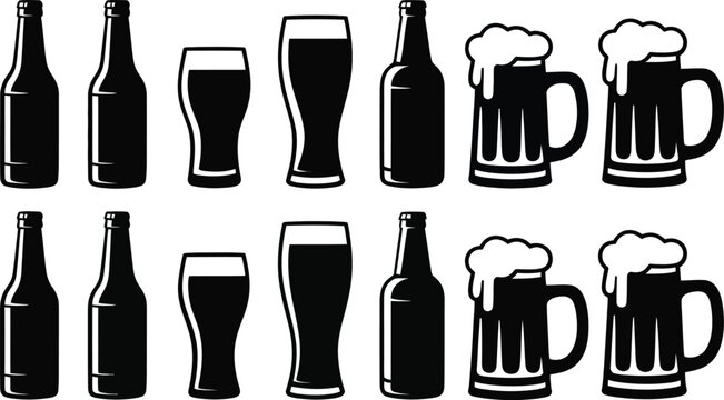 Set of professional brewery silhouettes illustrating different types of beer containers like pint glasses and bottles for pub menu design.