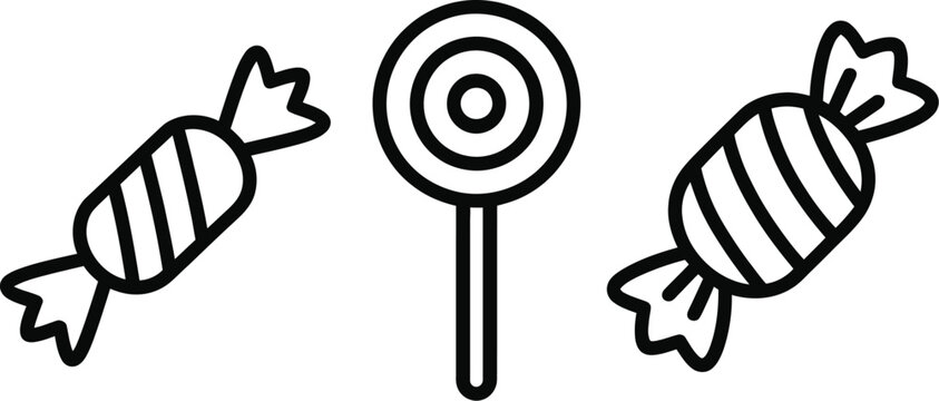 Outline icons of various sugar confectionery items like striped bonbons and a lollipop stick for dessert and food design projects.