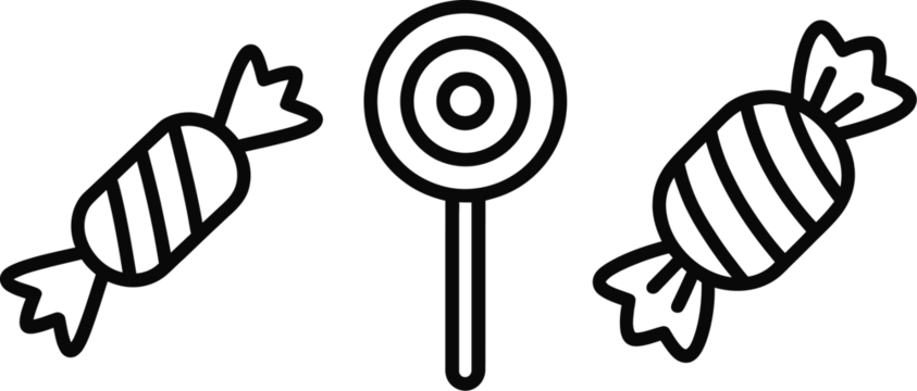 Outline icons of various sugar confectionery items like striped bonbons and a lollipop stick for dessert and food design projects.
