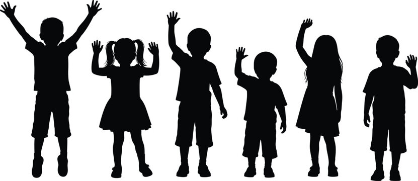 Vector set of solid black silhouettes depicting a group of happy children raising their hands, waving happily, and jumping enthusiastically isolated on white background.