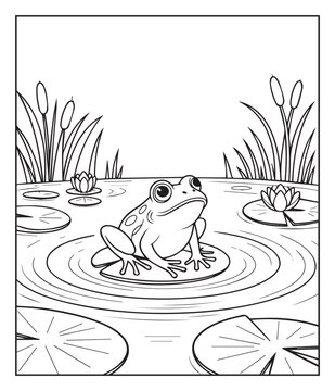 Cute frog on lake water in jungle scene coloring page for kids, black line art vector illustration for children's activity book