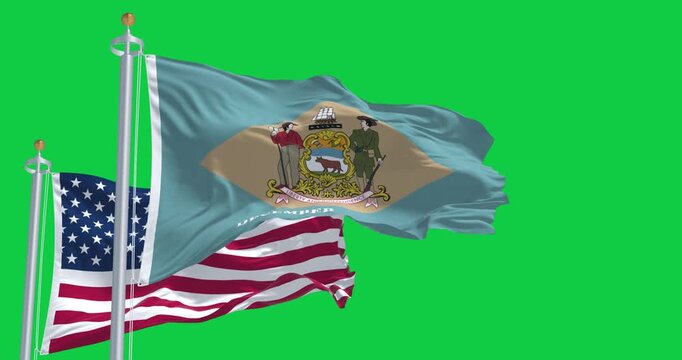Delaware state flag waving with the American flag isolated on green background