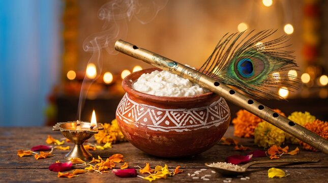 Janmashtami celebration with butter pot, golden flute, peacock feather and oil lamp.