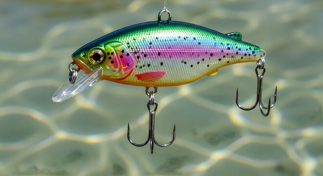 Fishing lure suspended in clear water with sunlight reflections for angling concept