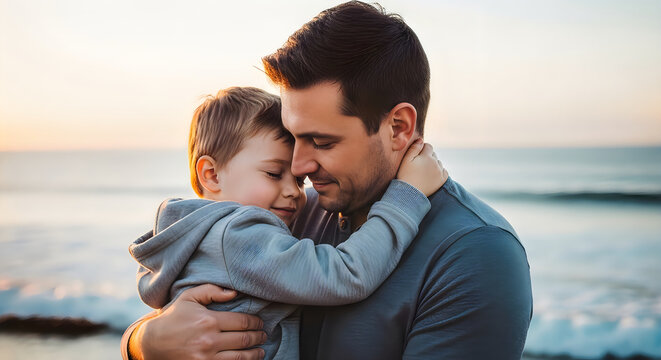 Touching father's day portrait dad embracing son at sunset beach family love
