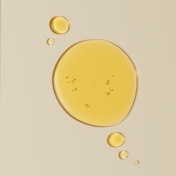 Oil texture golden drop, cosmetic product yellow round stain swatch. 3d rendering skin care beauty product texture puddle on beige background