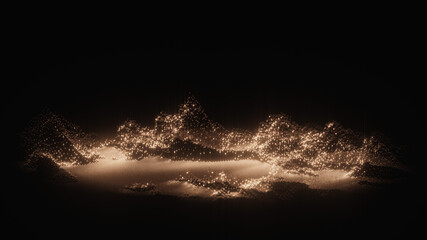 Golden glowing particle terrain on black. Abstract digital mountain landscape for financial product presentation, crypto mining concept or luxury technology brand 3d rendering background.