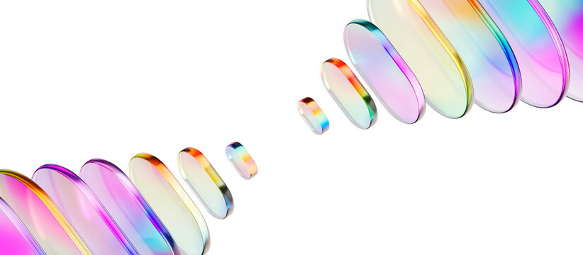 Artistic 3d rendering of scattered translucent glass plate with vibrant rainbow holographic texture. Abstract macro composition for technology, media, and futuristic digital design project.
