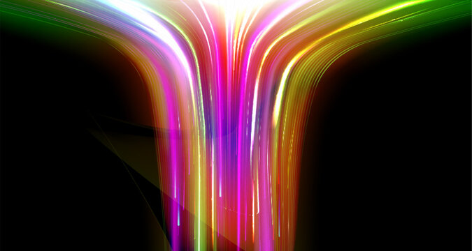 Abstract neon glowing light streaks on dark background for technology