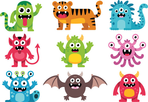 Cute cartoon monster character vector set featuring friendly colorful aliens and beasts in flat design