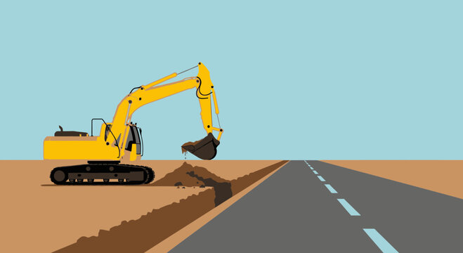 Yellow excavator digging road construction site 1.