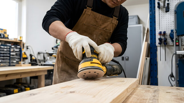 Professional Carpenter Sanding Wood Plank with Orbital Sander