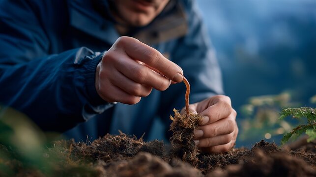 Close up hands of soil microbiome specialist carefully extracting earthworm from soil core sample at early morning mist, magnifying loupe in other hand, biodiversity implied in rich dark earth,