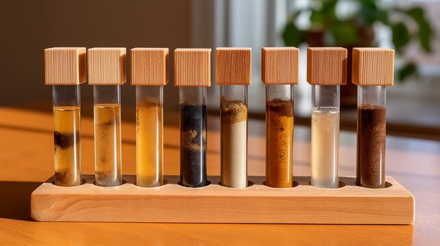 Cluster of soil core samples standing upright in wooden rack on fieldwork table at early morning mist, each core revealing distinct microbial layer bands of brown and rust, perfect for microbiome