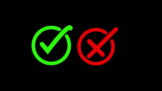 check mark and cross icon ideal for concept approval or rejection. yes or no checkmark icons in green tick box and red cross. Right and wrong sign animated on black background.