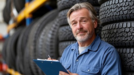 Experienced mechanic with clipboard checking inventory of stacked tires in auto shop