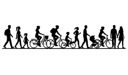 Obraz premium People Walking and Cycling Silhouette Vector Illustration with Urban Lifestyle and Transportation Scene