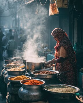 Busy urban street food vendor older South Asian woman managing steaming pots with expert speed, morning light, colorful spices, informal economy labor, vibrant documentary photography