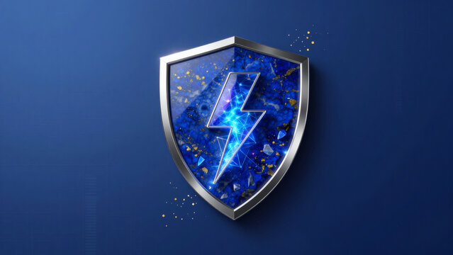 Bouclier bleu avec symbole de foudre et particules scintillantes