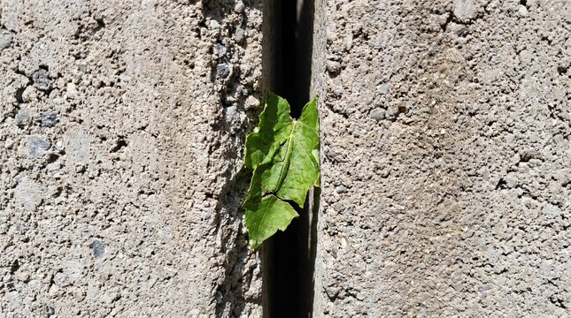 Concept of environmental resilience and urban encroachment featuring a green plant growing through a cracked concrete wall, illustrating nature's struggle against industry