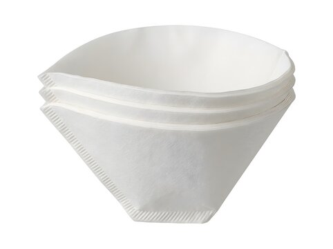 Coffee filters are arranged in a stack, showing their conical shape and clean white color. These filters are designed to hold coffee grounds during brewing