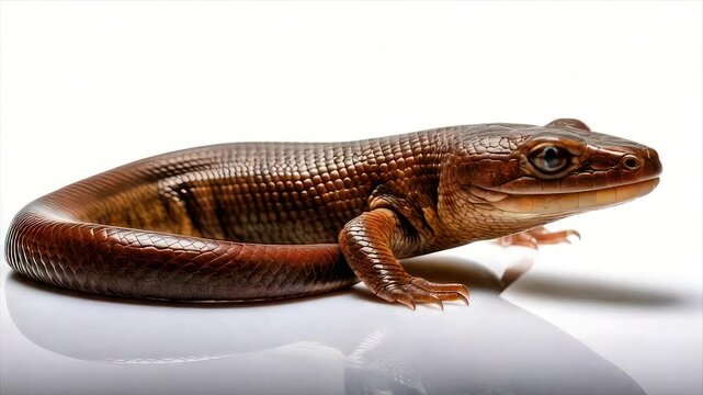 A brown lizard with scale texture and a closed eye rests on a reflective white surface