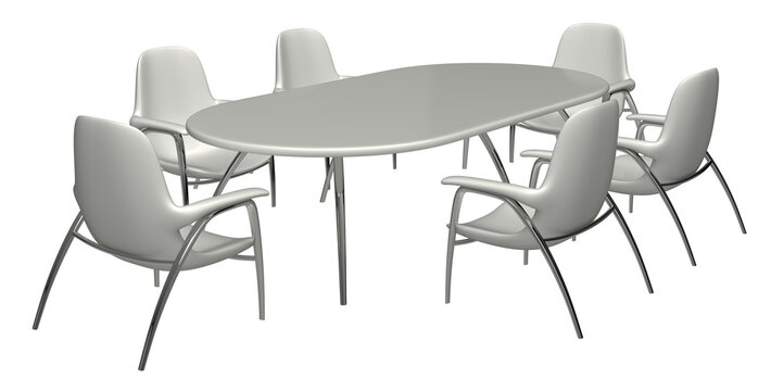 Outdoor dining patio or bistro set: armchairs and oval table with light-colored top supported by thin chrome curved legs. 3d illustration transparent background	