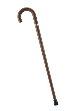 A wooden cane with a curved handle sits on a flat surface in an indoor setting. The light from the day shines on it. The cane has a black tip and a simple design