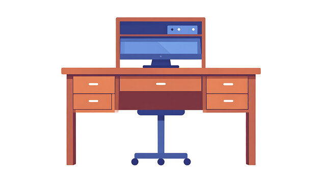 Flat illustration of a wooden desk with a computer monitor and a rolling chair, depicting a workspace setting