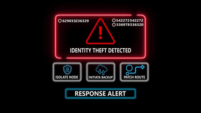 Identity theft detected warning notification with isolate node initiate backup and career promotion icons on black background digital technology concept. 4k video