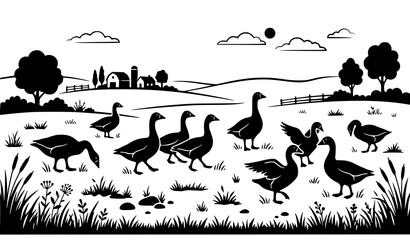 Decorative goose silhouette set on simple field countryside vector illustration © MdShojib